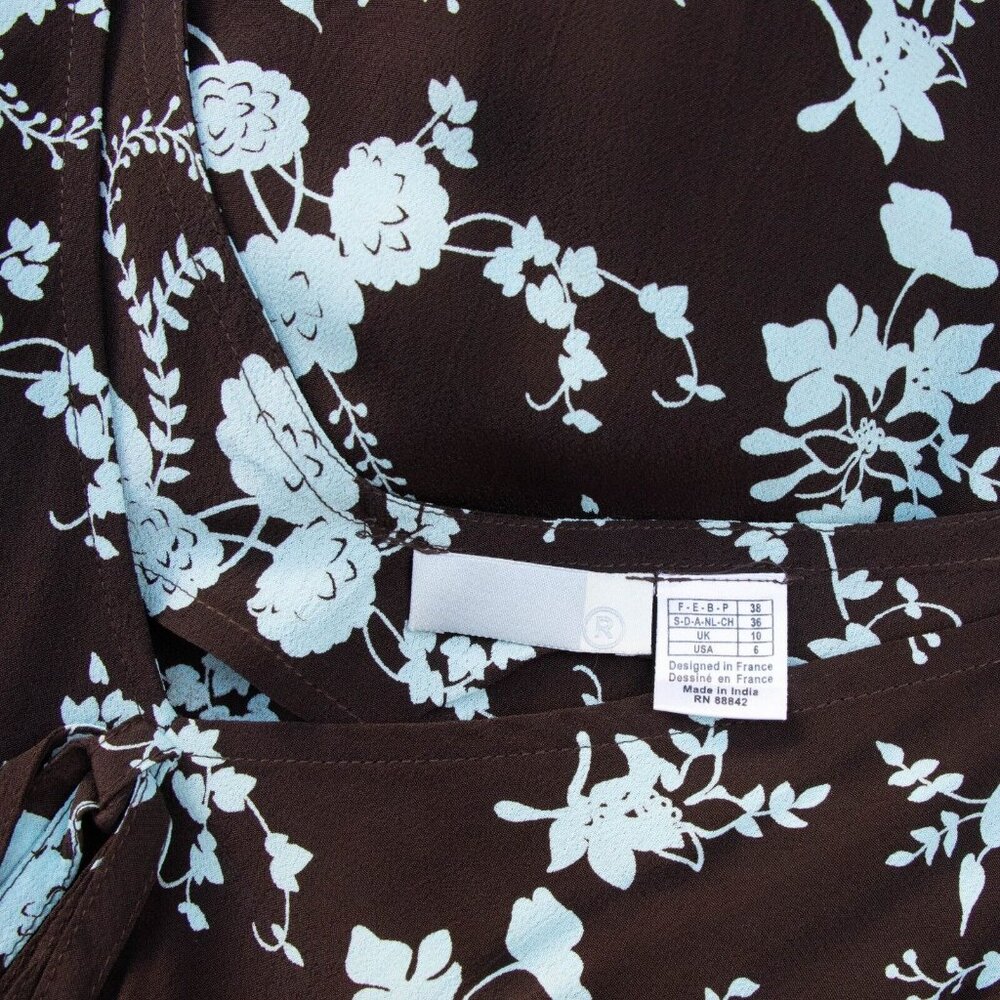 Vtg Romantic Babydoll Dress Women 6 Brown Blue Tie Back Midi 90s Cottagecore Y2K - Picture 10 of 12